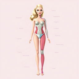 A detailed illustration of Barbie anatomical features viewed from the transverse plane, showcasing her unique proportions and features including her iconic elongated limbs, stylized facial features, and fashionable clothing