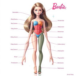 A detailed illustration of Barbie anatomical features viewed from the transverse plane, showcasing her unique proportions and features including her iconic elongated limbs, stylized facial features, and fashionable clothing