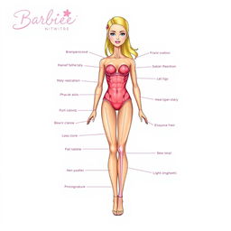 A detailed illustration of Barbie anatomical features viewed from the transverse plane, showcasing her unique proportions and features including her iconic elongated limbs, stylized facial features, and fashionable clothing