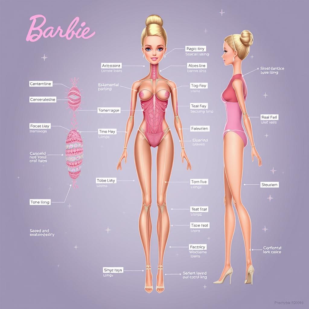 A detailed illustration of Barbie anatomical features viewed from the transverse plane, showcasing her unique proportions and features including her iconic elongated limbs, stylized facial features, and fashionable clothing