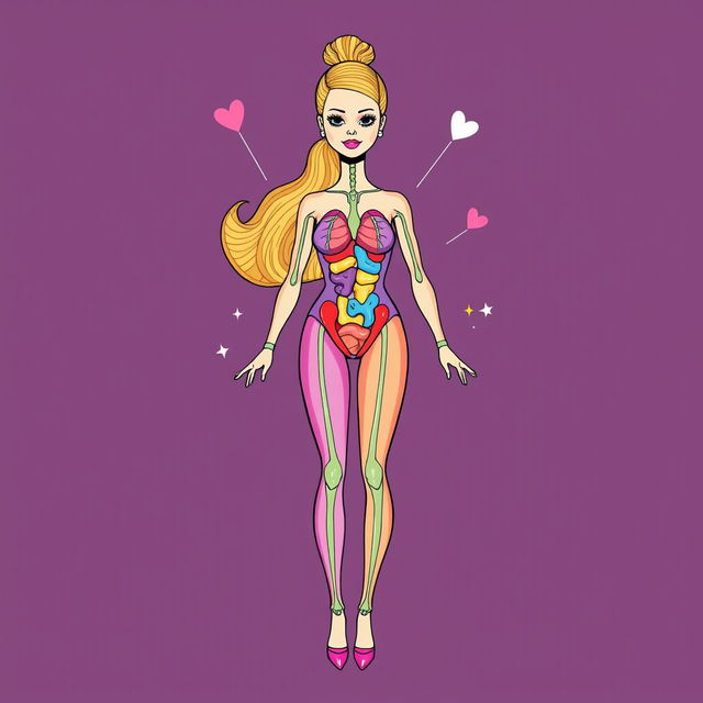 An imaginative illustration of a transverse slice of Barbie's body, depicting her unique anatomical features in a colorful and stylized manner