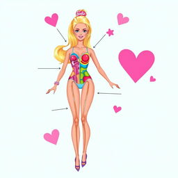 An imaginative illustration of a transverse slice of Barbie's body, depicting her unique anatomical features in a colorful and stylized manner