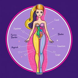 An imaginative illustration of a transverse slice of Barbie's body, depicting her unique anatomical features in a colorful and stylized manner