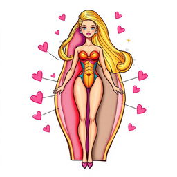 An imaginative illustration of a transverse slice of Barbie's body, depicting her unique anatomical features in a colorful and stylized manner