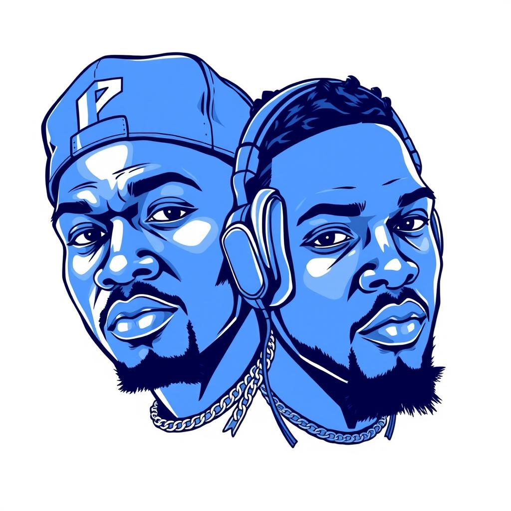 A blue and white illustration featuring two rapper faces, artistically styled with bold lines and details