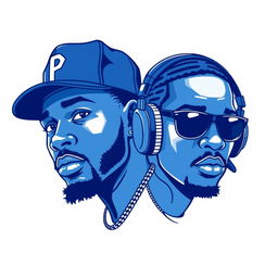 A blue and white illustration featuring two rapper faces, artistically styled with bold lines and details