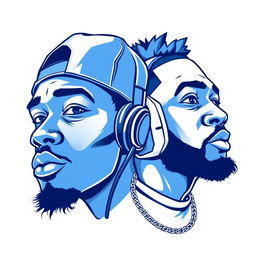 A blue and white illustration featuring two rapper faces, artistically styled with bold lines and details