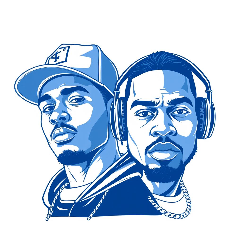 A blue and white illustration featuring two rapper faces, artistically styled with bold lines and details