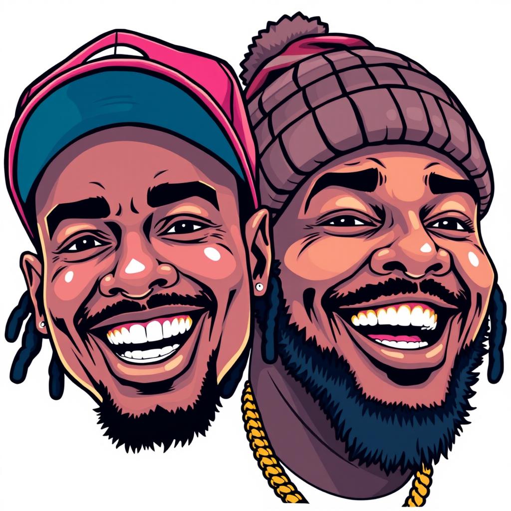 A vibrant illustration of two smiling rapper faces, full of personality and joy