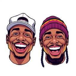 A vibrant illustration of two smiling rapper faces, full of personality and joy