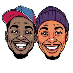 A vibrant illustration of two smiling rapper faces, full of personality and joy