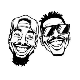 A striking black and white illustration of two smiling rapper faces, designed with bold, dynamic lines and high contrast