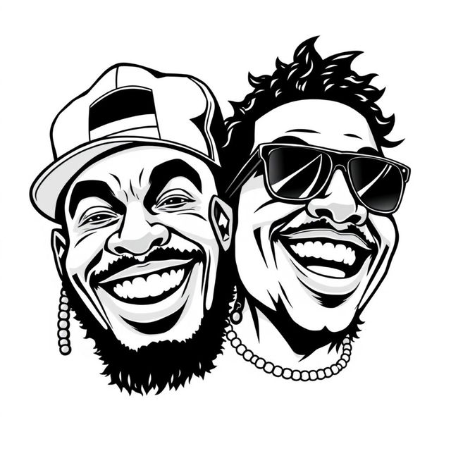 A striking black and white illustration of two smiling rapper faces, designed with bold, dynamic lines and high contrast