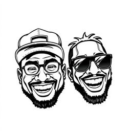 A striking black and white illustration of two smiling rapper faces, designed with bold, dynamic lines and high contrast