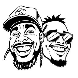 A striking black and white illustration of two smiling rapper faces, designed with bold, dynamic lines and high contrast