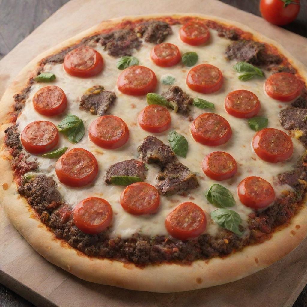 A hybrid of a hamburger and pizza. Imagine a fresh, flavorsome pizza dough forming the base, skillfully topped with a juicy beef patty, cheese, lettuce, tomatoes with traditional pizza toppings, all harmoniously fused together.