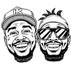 A detailed black and white illustration of two smiling rapper faces against a white background