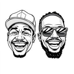 A detailed black and white illustration of two smiling rapper faces against a white background