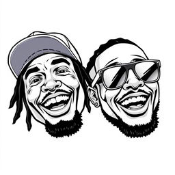 A detailed black and white illustration of two smiling rapper faces against a white background