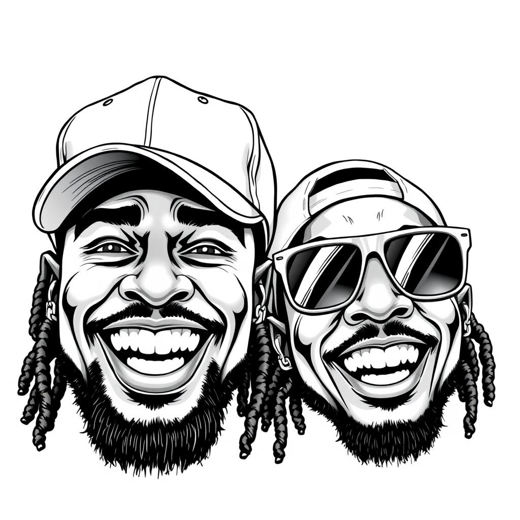 A detailed black and white illustration of two smiling rapper faces against a white background