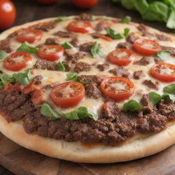 A hybrid of a hamburger and pizza. Imagine a fresh, flavorsome pizza dough forming the base, skillfully topped with a juicy beef patty, cheese, lettuce, tomatoes with traditional pizza toppings, all harmoniously fused together.