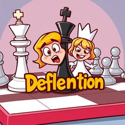 A cartoon-style chessboard featuring a black queen character in a playful, exaggerated design being threatened from behind by a white queen character, also in a cartoon style