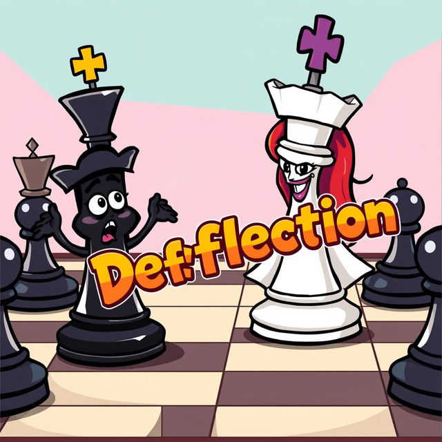 A cartoon-style chessboard featuring a black queen character in a playful, exaggerated design being threatened from behind by a white queen character, also in a cartoon style