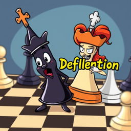 A cartoon-style chessboard featuring a black queen character in a playful, exaggerated design being threatened from behind by a white queen character, also in a cartoon style