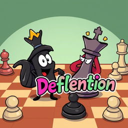 A cartoon-style chessboard featuring a black queen character in a playful, exaggerated design being threatened from behind by a white queen character, also in a cartoon style