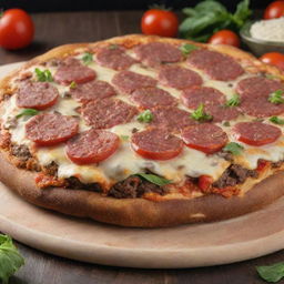 A hybrid of a hamburger and pizza. Imagine a fresh, flavorsome pizza dough forming the base, skillfully topped with a juicy beef patty, cheese, lettuce, tomatoes with traditional pizza toppings, all harmoniously fused together.