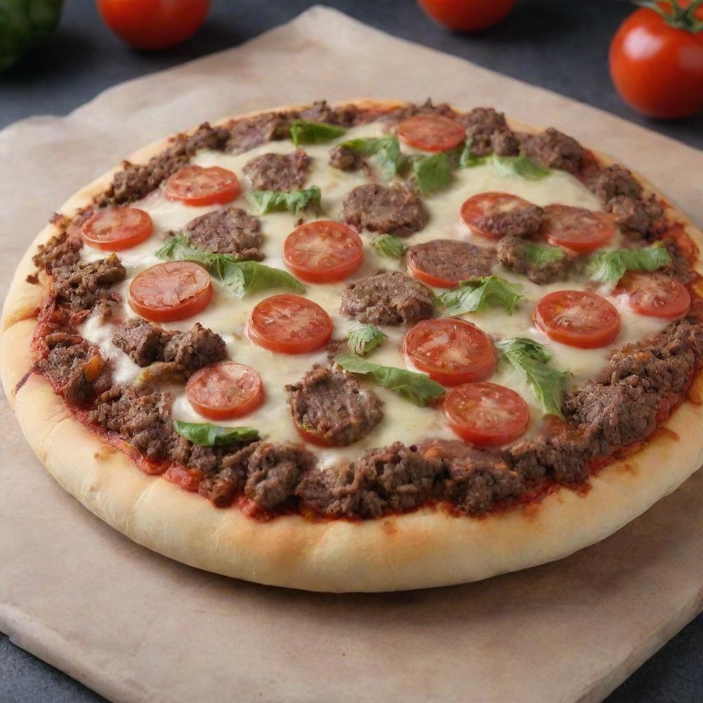 A hybrid of a hamburger and pizza. Imagine a fresh, flavorsome pizza dough forming the base, skillfully topped with a juicy beef patty, cheese, lettuce, tomatoes with traditional pizza toppings, all harmoniously fused together.