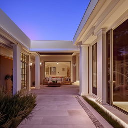 A large, exquisite portico leading to a state-of-the-art veranda with refined architectural details and elegant outdoor furnishings.