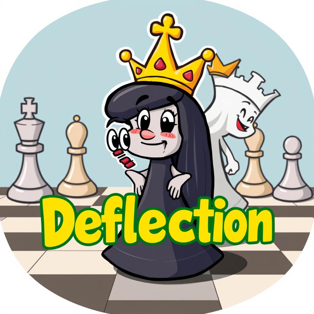 A cartoon-style chessboard featuring a black queen character with a playful, exaggerated design, being threatened from behind by a white queen character, also in a cartoon style