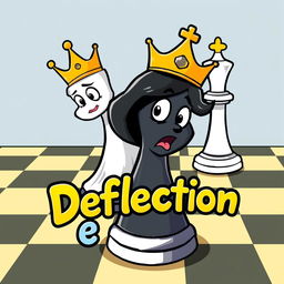 A cartoon-style chessboard featuring a black queen character with a playful, exaggerated design, being threatened from behind by a white queen character, also in a cartoon style