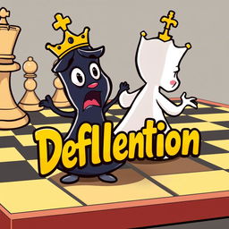 A cartoon-style chessboard featuring a black queen character with a playful, exaggerated design, being threatened from behind by a white queen character, also in a cartoon style