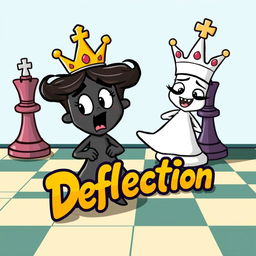 A cartoon-style chessboard featuring a black queen character with a playful, exaggerated design, being threatened from behind by a white queen character, also in a cartoon style