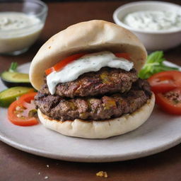 A unique fusion of a hamburger and kebab. Visualize a delicious hamburger patty, encased in a fluffy pita bread, accompanied by typical kebab fixings like grilled vegetables, creamy tzatziki sauce, and generous sprinkle of spices.