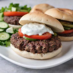 A unique fusion of a hamburger and kebab. Visualize a delicious hamburger patty, encased in a fluffy pita bread, accompanied by typical kebab fixings like grilled vegetables, creamy tzatziki sauce, and generous sprinkle of spices.