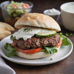 A unique fusion of a hamburger and kebab. Visualize a delicious hamburger patty, encased in a fluffy pita bread, accompanied by typical kebab fixings like grilled vegetables, creamy tzatziki sauce, and generous sprinkle of spices.