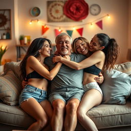 A cozy and lively scene featuring two hot young women wearing stylish tiny shorts and trendy crop tops, playfully hugging an older man on a comfortable sofa