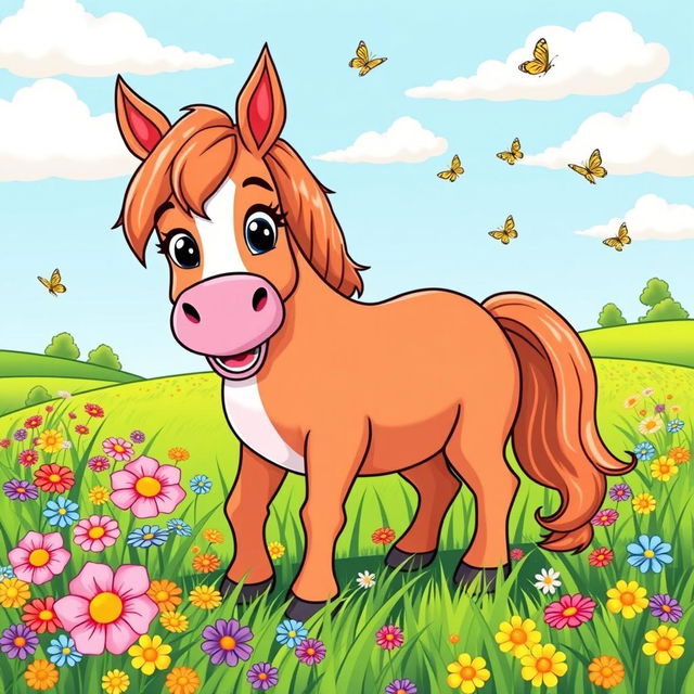 A cute and friendly horse with a big smile, standing in a lush green field filled with colorful wildflowers