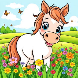 A cute and friendly horse with a big smile, standing in a lush green field filled with colorful wildflowers