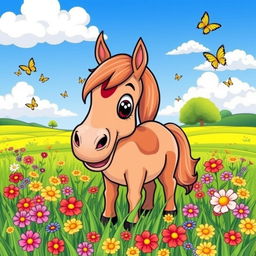 A cute and friendly horse with a big smile, standing in a lush green field filled with colorful wildflowers