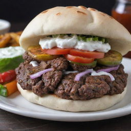 A unique fusion of a hamburger and kebab. Visualize a delicious hamburger patty, encased in a fluffy pita bread, accompanied by typical kebab fixings like grilled vegetables, creamy tzatziki sauce, and generous sprinkle of spices.