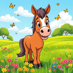 A cute and friendly horse with a big smile, standing in a lush green field filled with colorful wildflowers