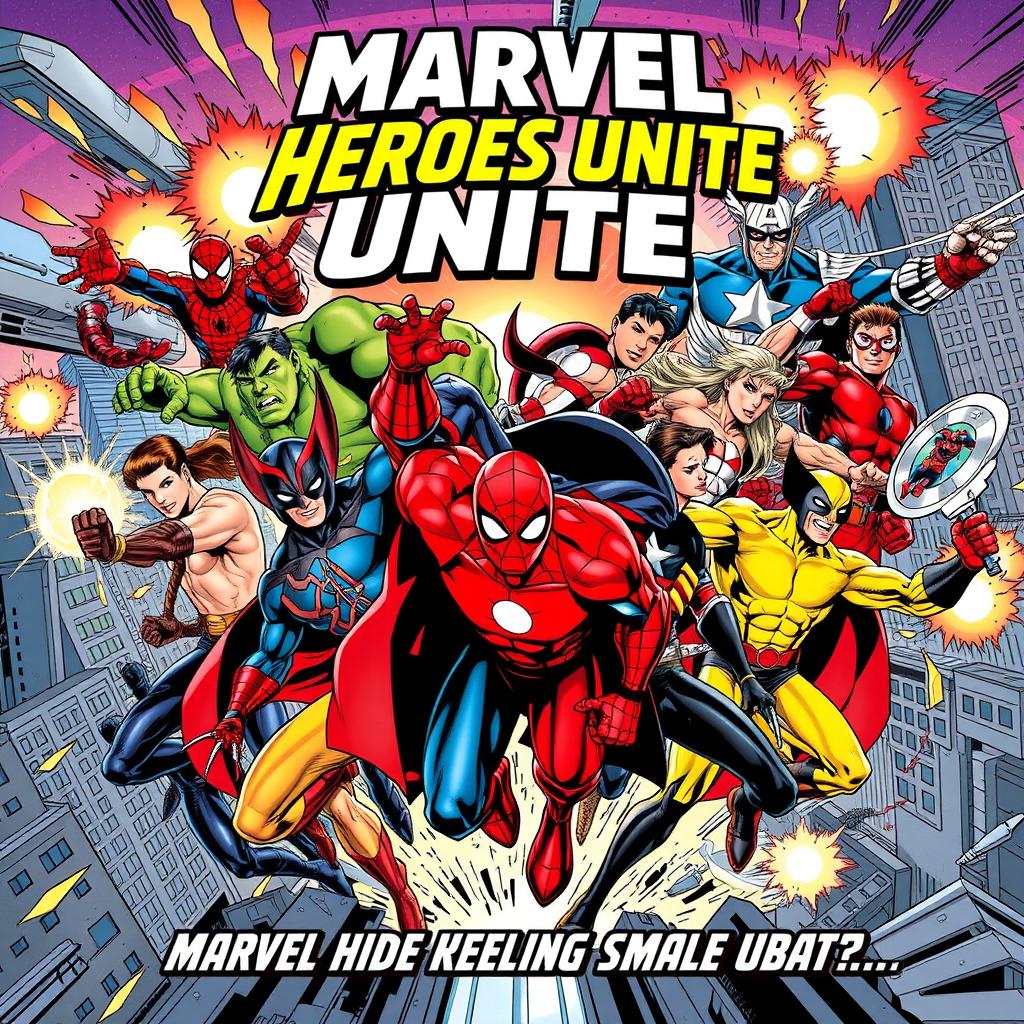 A dynamic comic book style poster featuring 11 male Marvel superheroes in action poses, showcasing a diverse range of characters