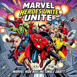 A dynamic comic book style poster featuring 11 male Marvel superheroes in action poses, showcasing a diverse range of characters