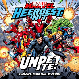 A dynamic comic book style poster featuring 11 male Marvel superheroes in action poses, showcasing a diverse range of characters