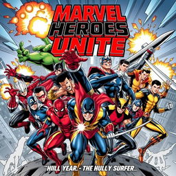 A dynamic comic book style poster featuring 11 male Marvel superheroes in action poses, showcasing a diverse range of characters