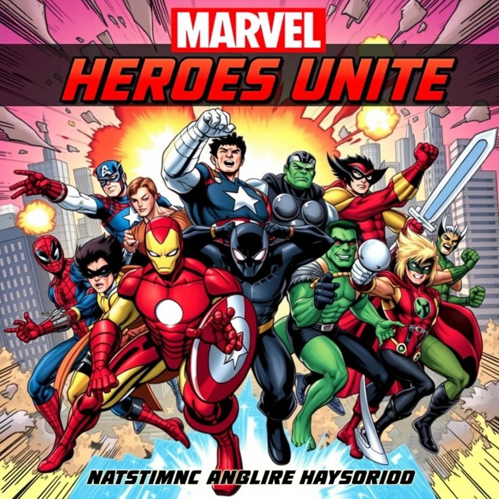 A dynamic comic book style poster featuring 11 male Marvel superheroes in action poses, showcasing a diverse range of characters